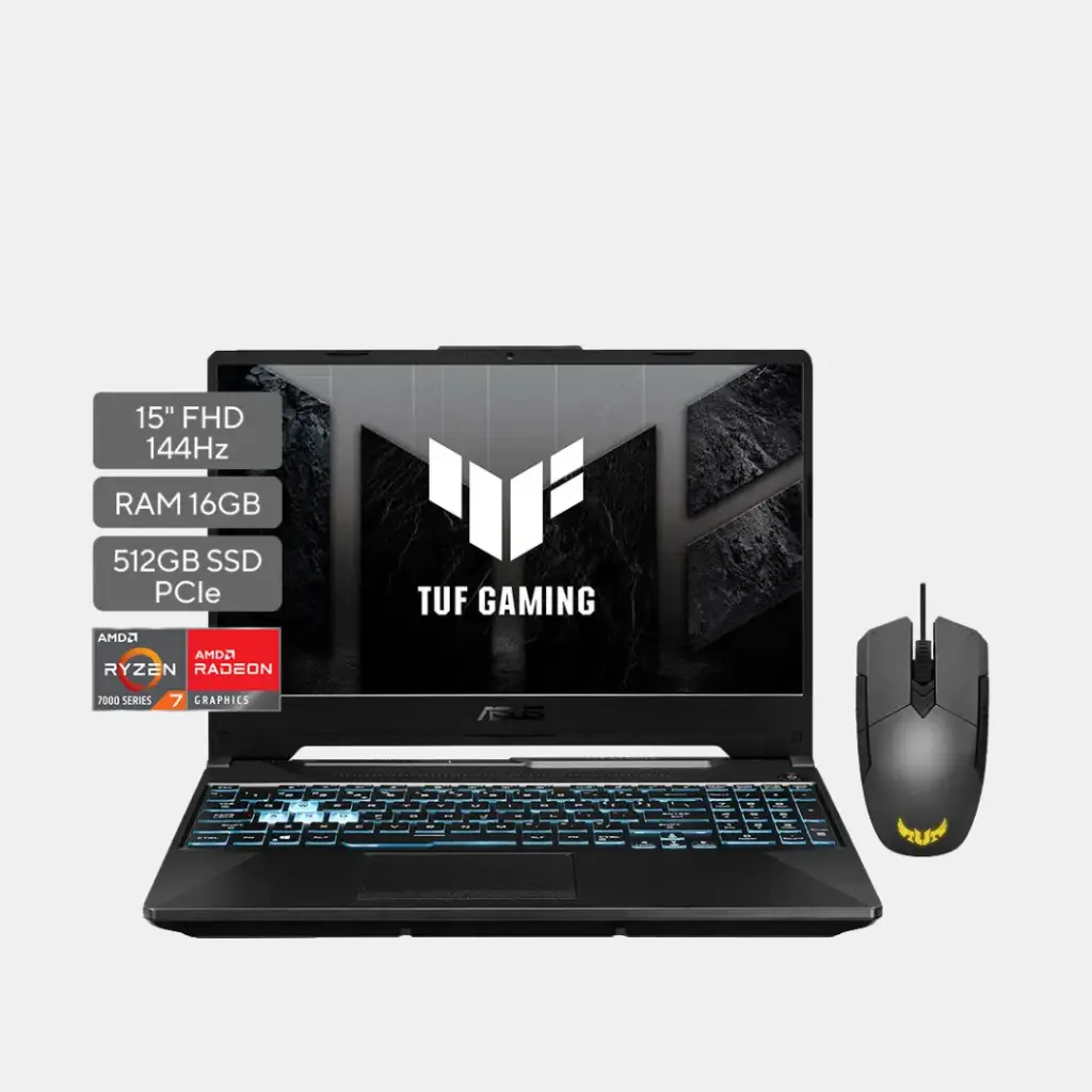 Asus TUF A15; AMD Ryzen 7 7435HS; NVIDIA RTX 2050 4GB; 16GB RAM; 512GB SSD; 15.6" FHD 144HZ; W11